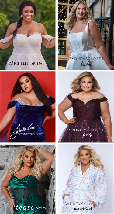 Sydney's Closet, Michelle Bridal, Tease Prom, Johnathan Kayne for Sydney's Closet Collection of plus size wedding dresses and formal gowns.